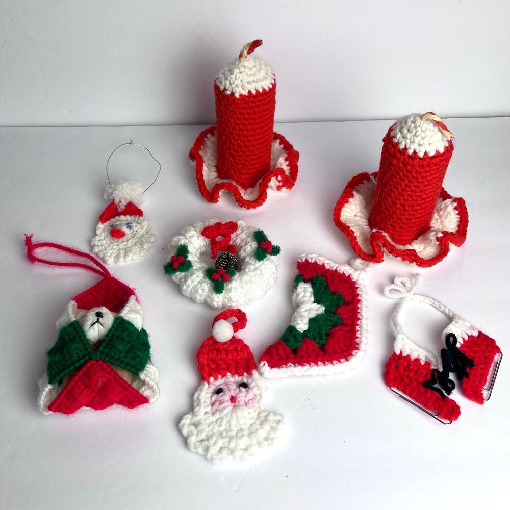 Lot of 8 Vintage Handcrafted Crochet Needlepoint Ornaments & Decor Kitcsh Retro
